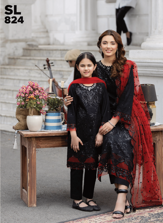 (BLACK) 3 Pc Mother & Daughter "Ivana" Festive Cotton Dress by Simrans