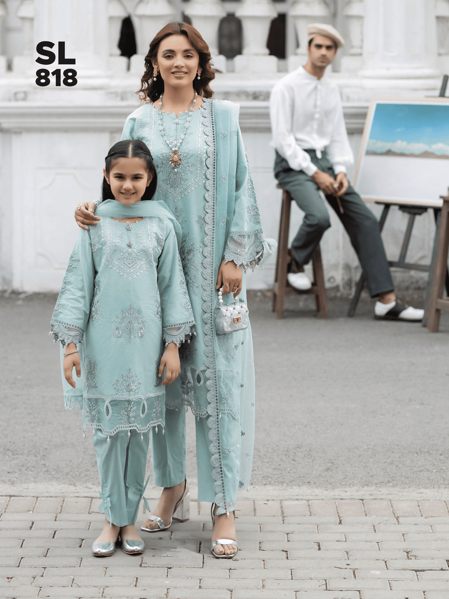 (BLUE) 3 Pc Mother & Daughter "Ivana" Festive Cotton Dress by Simrans