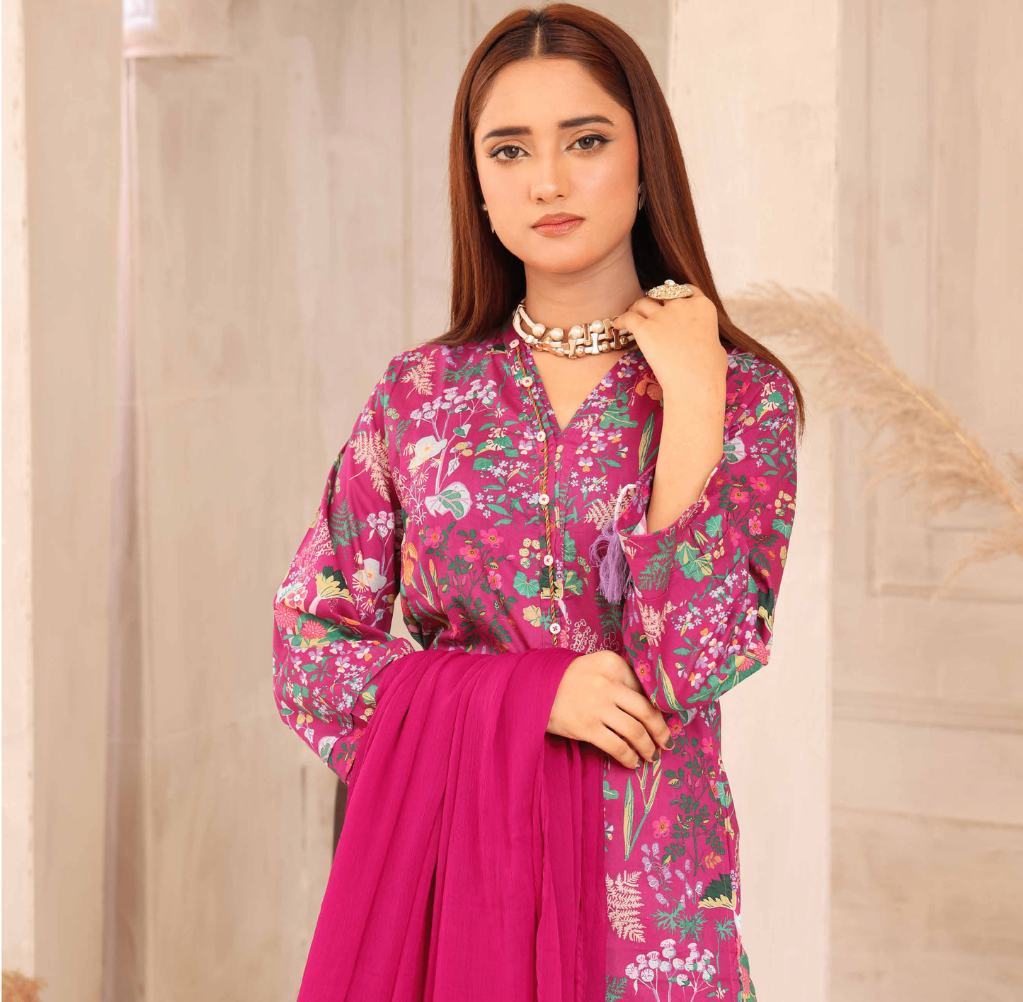 (Magenta) Printed Lawn 3 Pc Dress By Simrans