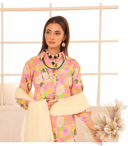 (Light Pink) Printed Lawn 3 Pc Dress By Simrans