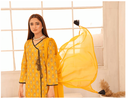 (Yellow) Printed Lawn 3 Pc Dress By Simrans