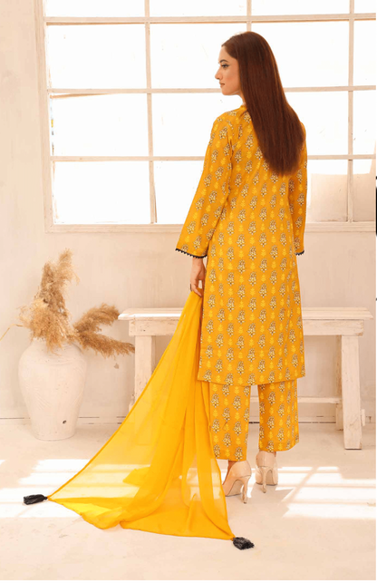 (Yellow) Printed Lawn 3 Pc Dress By Simrans