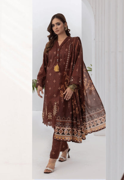 (BROWN) Embroidered 3 Piece Lawn Dress - Zainab Fazlani