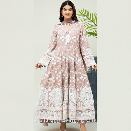 Cavern Pink  | Embroidered Linen Long Maxi | Ready to Wear 3 Pc dress - Rangz