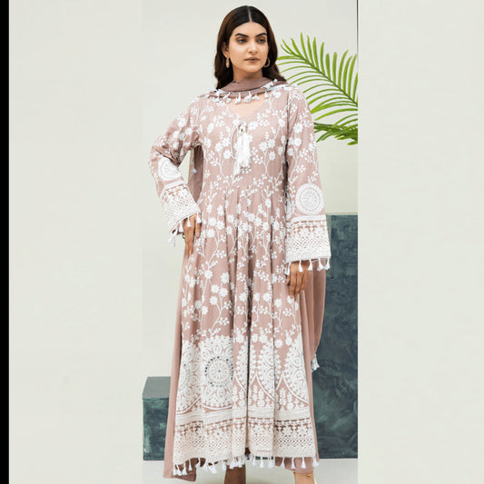 Cavern Pink  | Embroidered Linen Long Maxi | Ready to Wear 3 Pc dress - Rangz