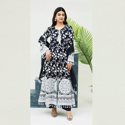 Black | Embroidered Linen Long Maxi | Ready to Wear 3 Pc dress - Rangz