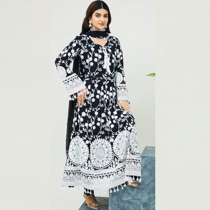 Black | Embroidered Linen Long Maxi | Ready to Wear 3 Pc dress - Rangz