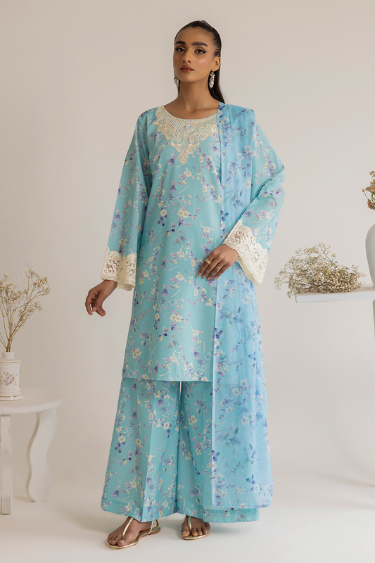 (Ice Blue) 3 Piece "Dastaan" Embroidered Lawn Dress - Esra Fashion