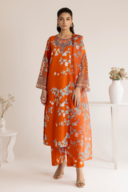 (Orange) 3 Piece "Dastaan" Embroidered Lawn Dress - Esra Fashion