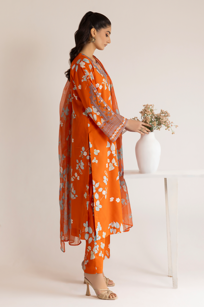 (Orange) 3 Piece "Dastaan" Embroidered Lawn Dress - Esra Fashion