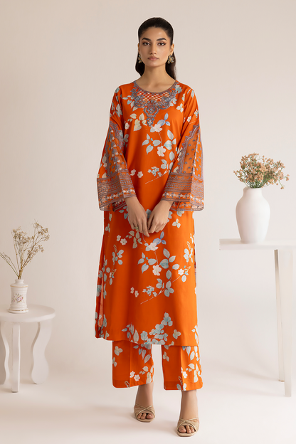 (Orange) 3 Piece "Dastaan" Embroidered Lawn Dress - Esra Fashion