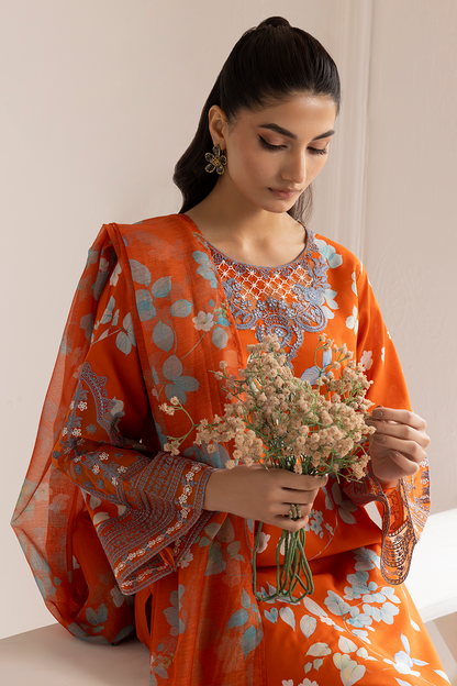 (Orange) 3 Piece "Dastaan" Embroidered Lawn Dress - Esra Fashion