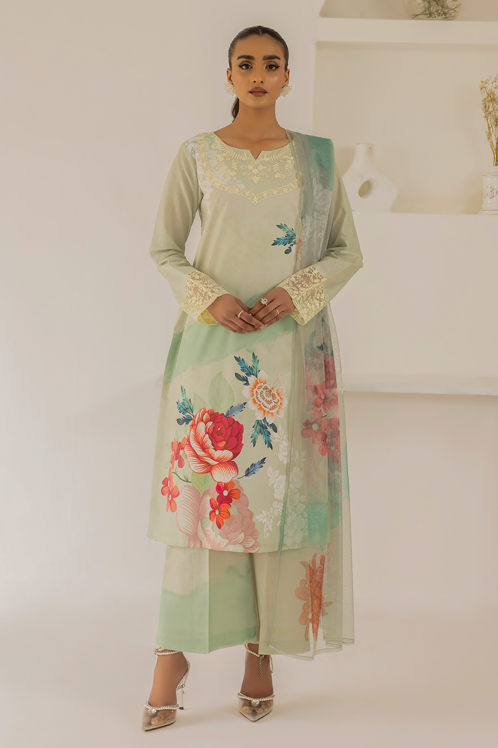 (Shy Green) 3 Piece "Dastaan" Embroidered Lawn Dress - Esra Fashion