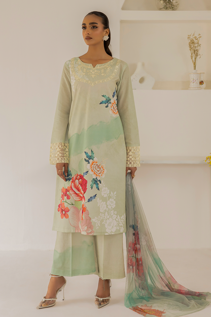 (Shy Green) 3 Piece "Dastaan" Embroidered Lawn Dress - Esra Fashion