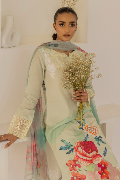 (Shy Green) 3 Piece "Dastaan" Embroidered Lawn Dress - Esra Fashion