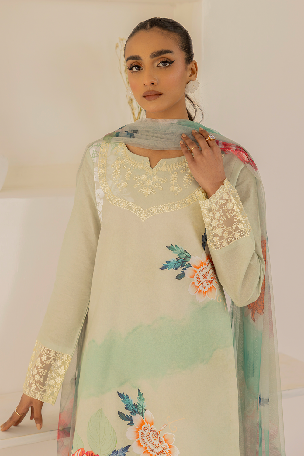 (Shy Green) 3 Piece "Dastaan" Embroidered Lawn Dress - Esra Fashion