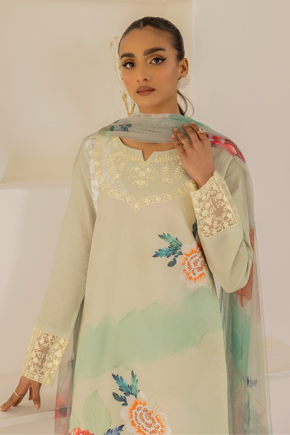 (Shy Green) 3 Piece "Dastaan" Embroidered Lawn Dress - Esra Fashion