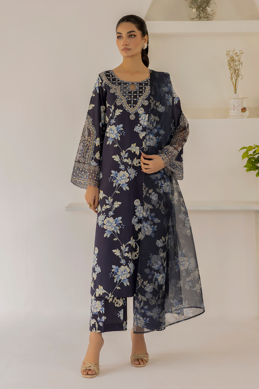 (Black) 3 Piece "Dastaan" Embroidered Lawn Dress - Esra Fashion