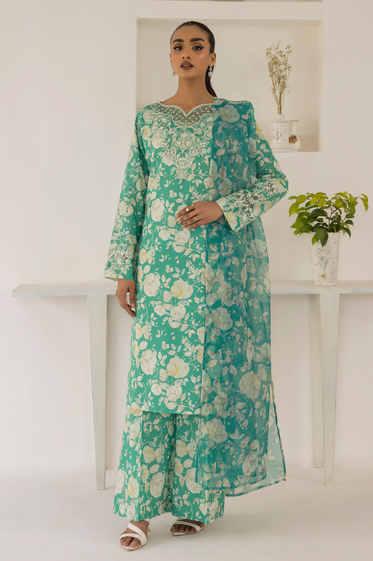 (Green) 3 Piece "Dastaan" Embroidered Lawn Dress - Esra Fashion