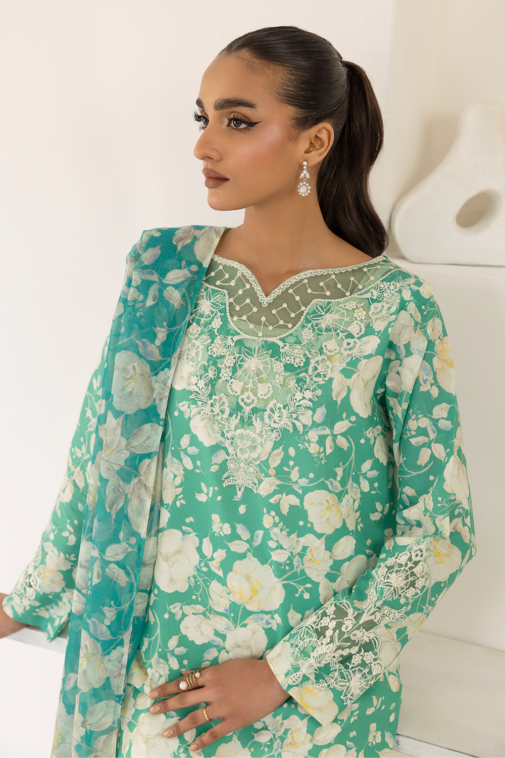 (Green) 3 Piece "Dastaan" Embroidered Lawn Dress - Esra Fashion