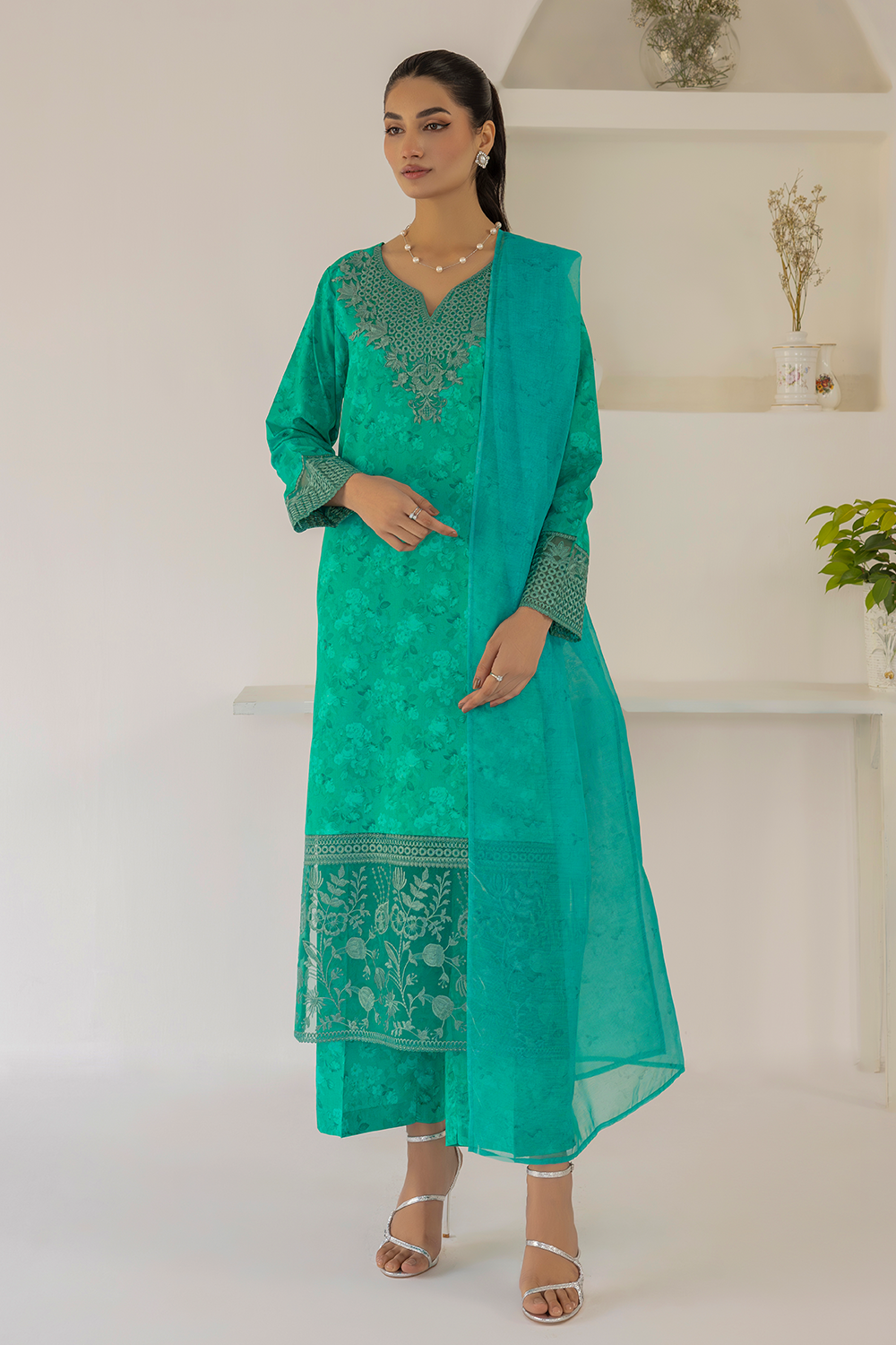 (Sea Green) 3 Piece "Dastaan" Embroidered Lawn Dress - Esra Fashion