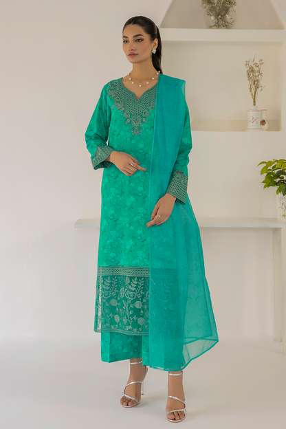 (Sea Green) 3 Piece "Dastaan" Embroidered Lawn Dress - Esra Fashion