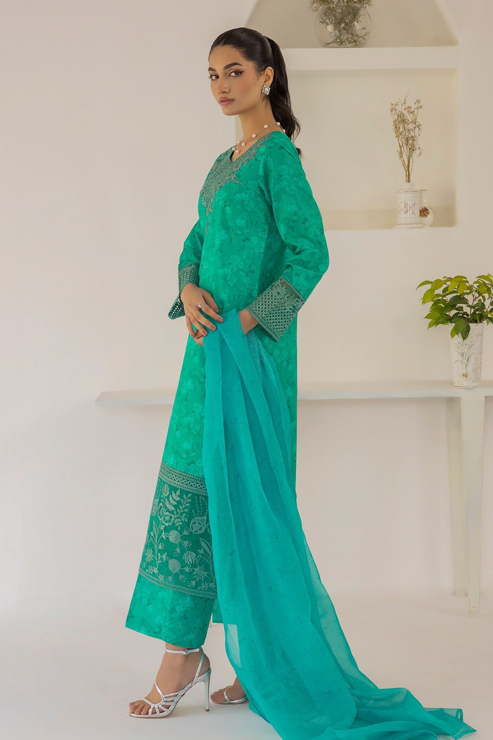 (Sea Green) 3 Piece "Dastaan" Embroidered Lawn Dress - Esra Fashion