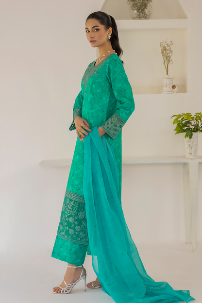 (Sea Green) 3 Piece "Dastaan" Embroidered Lawn Dress - Esra Fashion