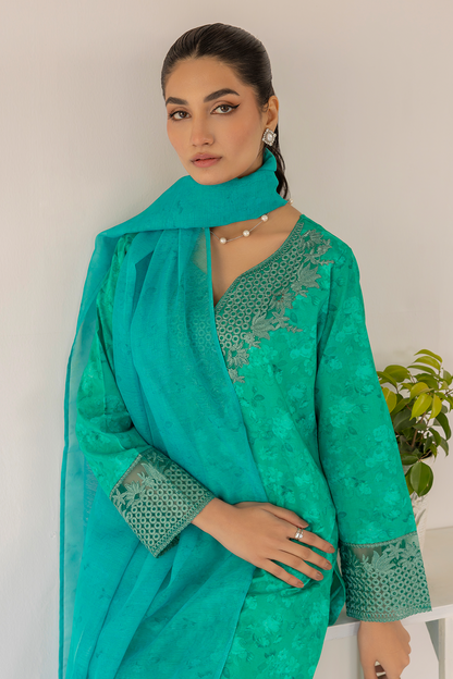 (Sea Green) 3 Piece "Dastaan" Embroidered Lawn Dress - Esra Fashion