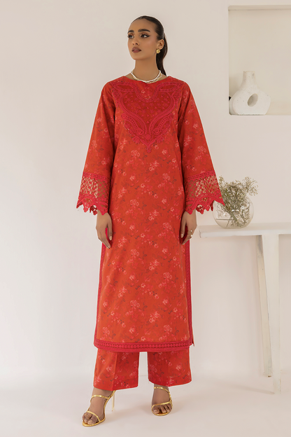 (Red) 3 Piece "Dastaan" Embroidered Lawn Dress - Esra Fashion