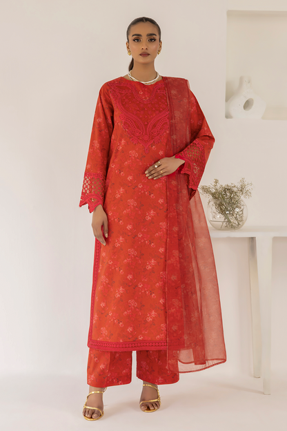 (Red) 3 Piece "Dastaan" Embroidered Lawn Dress - Esra Fashion