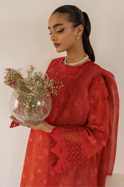 (Red) 3 Piece "Dastaan" Embroidered Lawn Dress - Esra Fashion