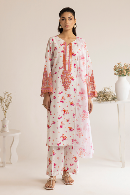 (WHITE) 3 Piece "Dastaan" Embroidered Lawn Dress - Esra Fashion