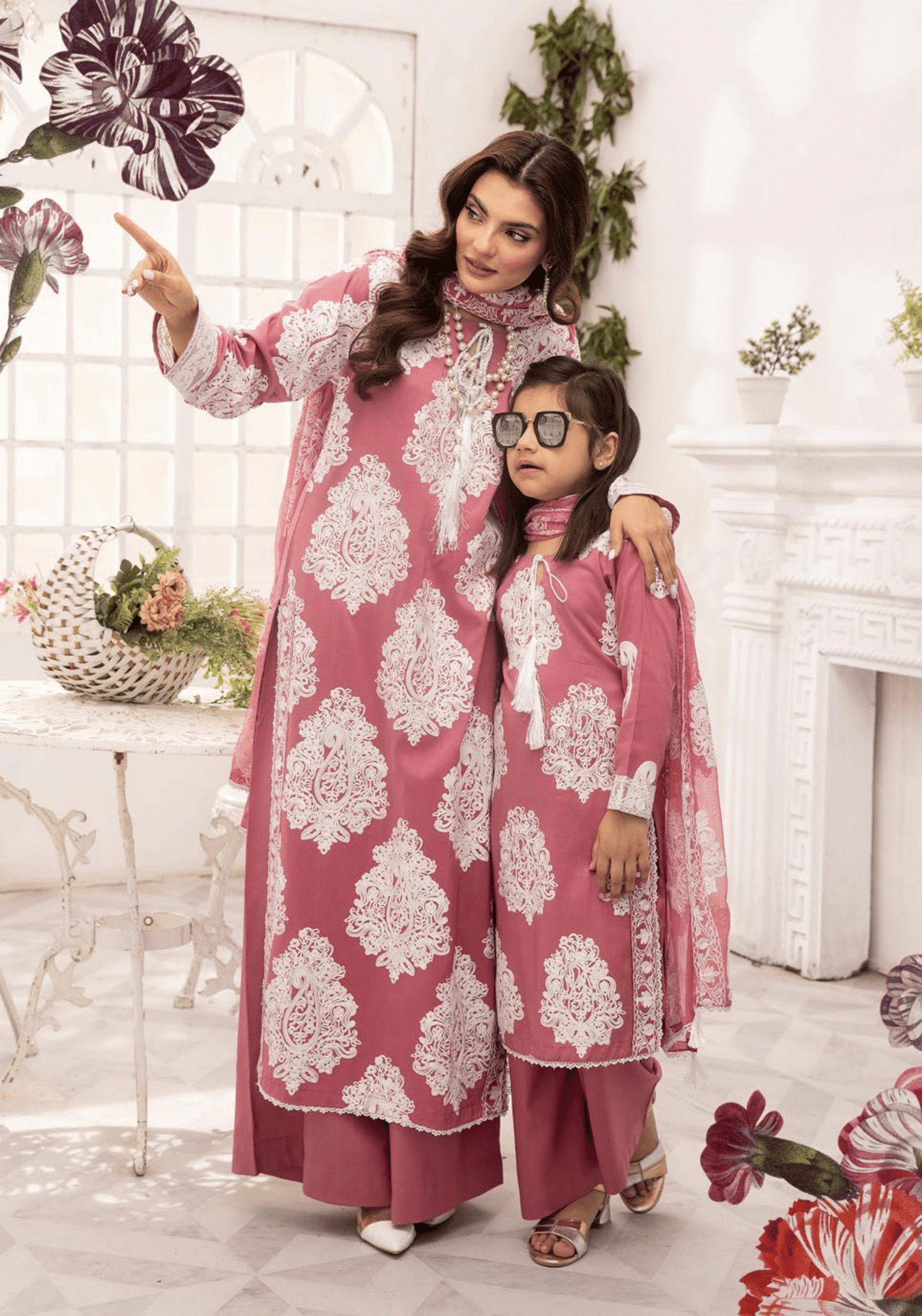 (PINK)3 PIECE MOTHER & DAUGHTER EMBROIDERED LINEN COLLECTION BY SIMRANS