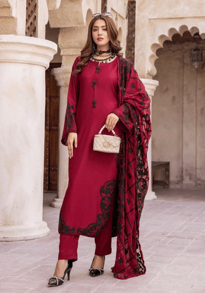 (Red) 3 Piece "Khoobsurat" Embroidered Linen by Simrans