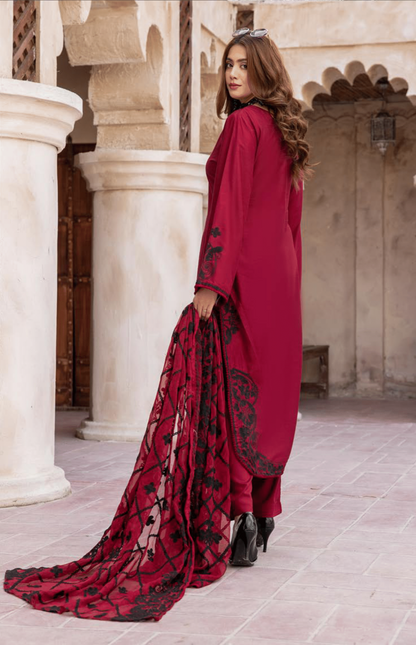 (Red) 3 Piece "Khoobsurat" Embroidered Linen by Simrans