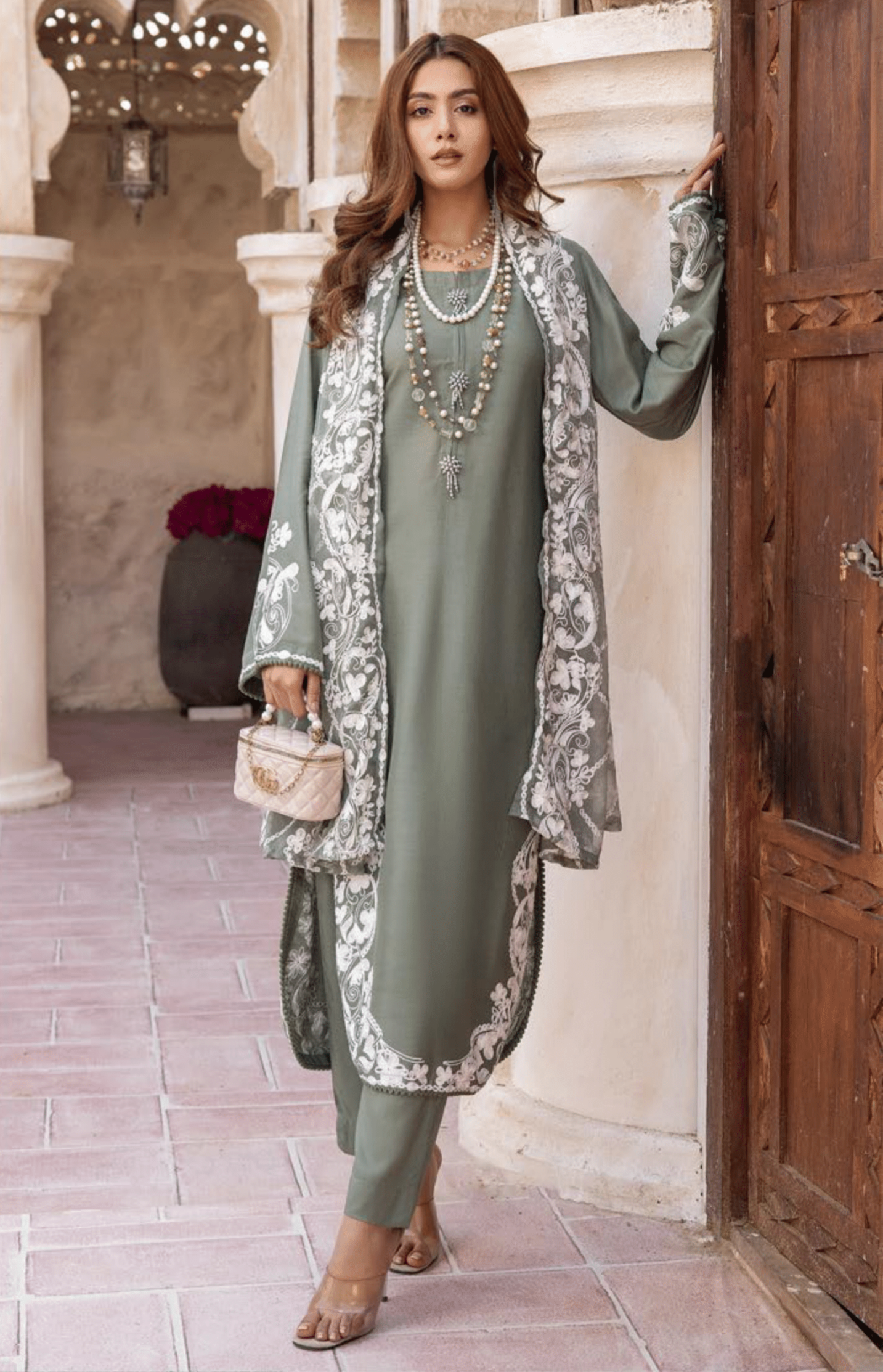 (Army Green) 3 Piece "Khoobsurat" Embroidered Linen by Simrans