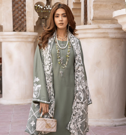 (Army Green) 3 Piece "Khoobsurat" Embroidered Linen by Simrans