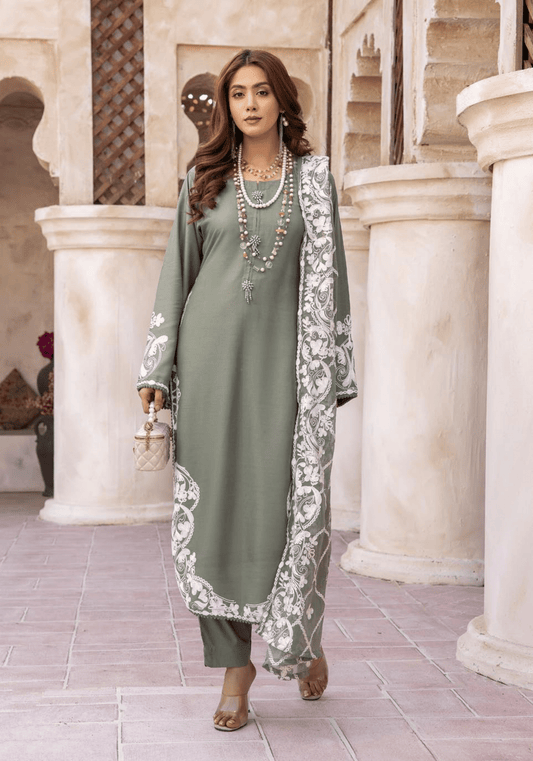 (Army Green) 3 Piece "Khoobsurat" Embroidered Linen by Simrans