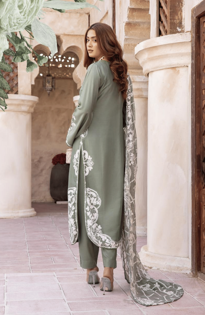 (Army Green) 3 Piece "Khoobsurat" Embroidered Linen by Simrans