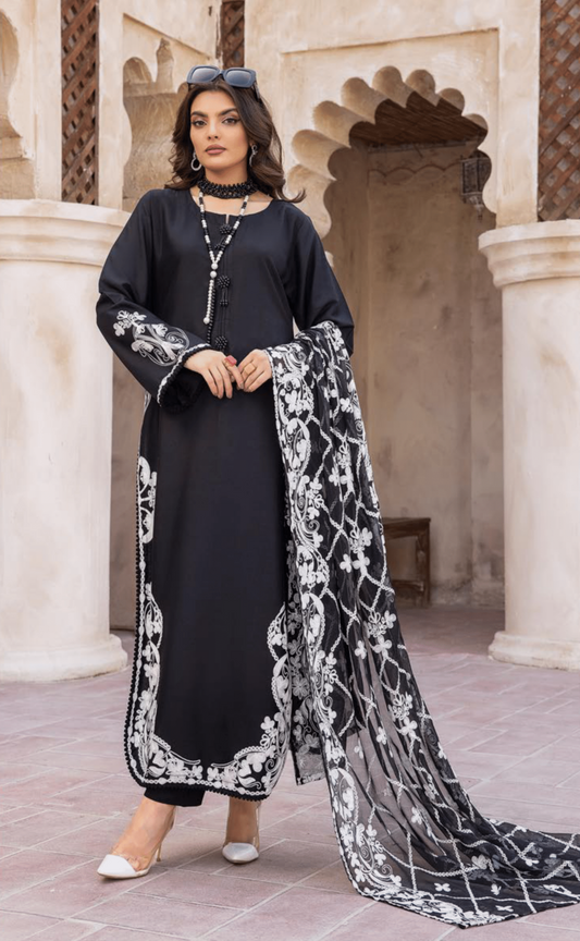 (Black) 3 Piece "Khoobsurat" Embroidered Linen by Simrans