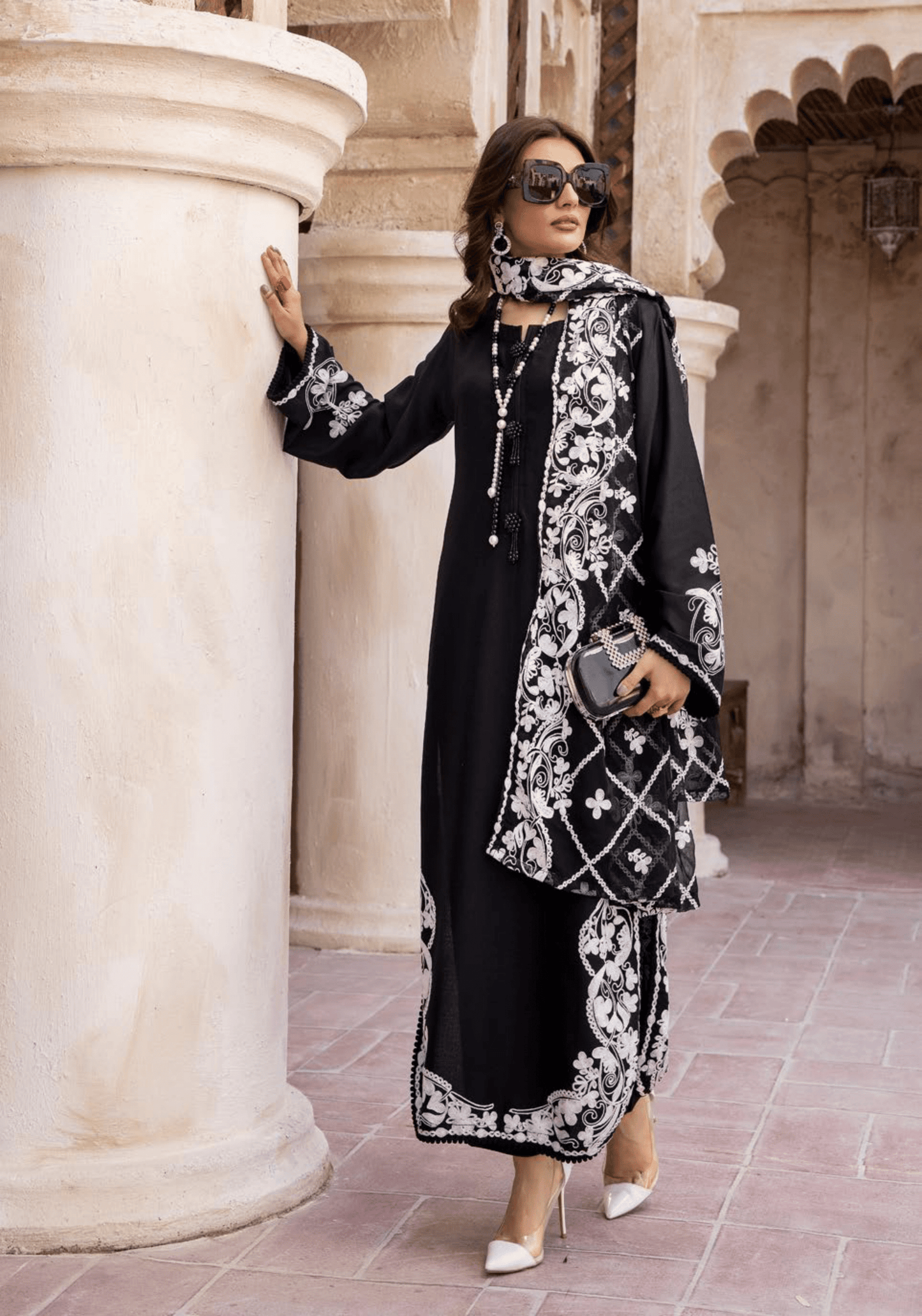 (Black) 3 Piece "Khoobsurat" Embroidered Linen by Simrans