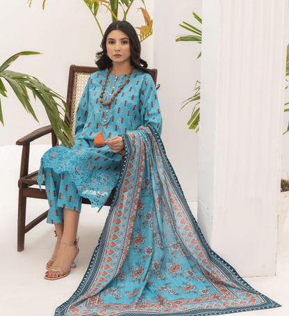 (LIGHT BLUE) Embroidered 3 Piece Lawn Dress - Zainab Fazlani