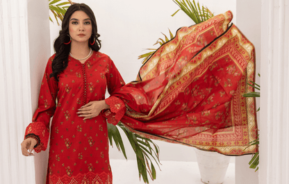 (RED) Embroidered 3 Piece Lawn Dress - Zainab Fazlani