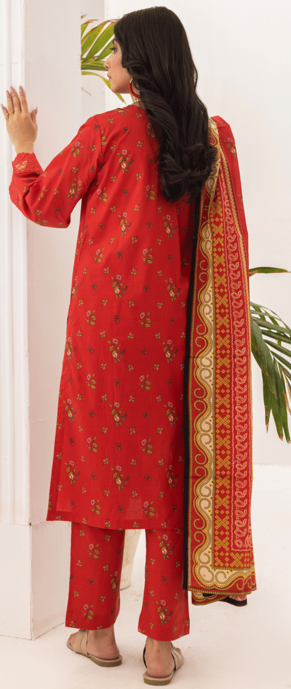 (RED) Embroidered 3 Piece Lawn Dress - Zainab Fazlani