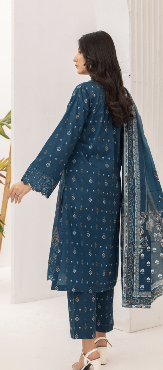 (BLUE) Embroidered 3 Piece Lawn Dress - Zainab Fazlani