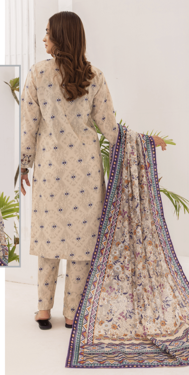 (BEIGE) Embroidered 3 Piece Lawn Dress - Zainab Fazlani