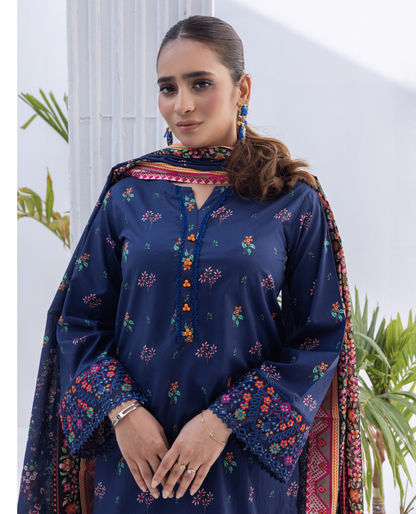 (NAVY BLUE) Embroidered 3 Piece Lawn Dress - Zainab Fazlani