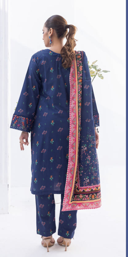 (NAVY BLUE) Embroidered 3 Piece Lawn Dress - Zainab Fazlani