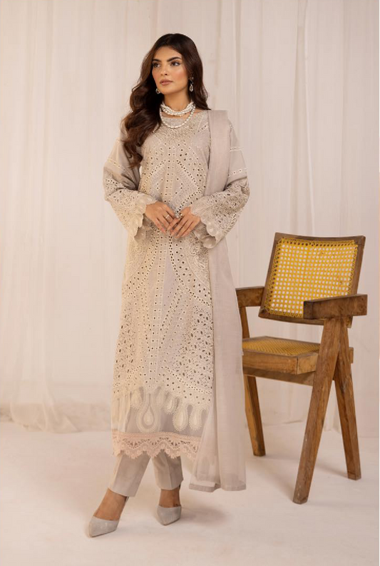 (Beige) 3 Pc Luxury Chikankari Lawn Dress-Simrans